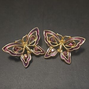 Vintage Butterfly Earrings in Gold, With Purple Stones And Enamel